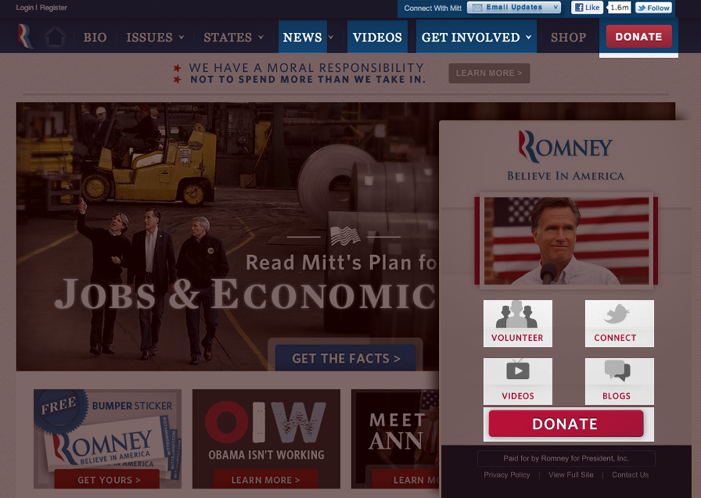 Mitt Romney mobile site features vs desktop site features
