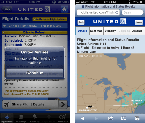United's mobile app not as reliable as their mobile site