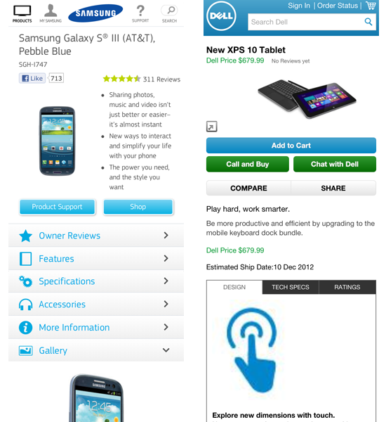 Samsung and Dell product pages