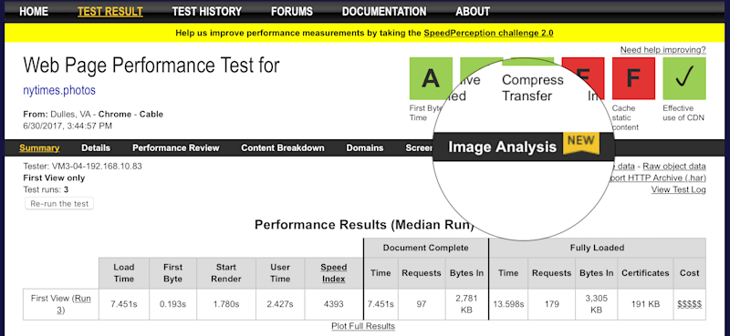 A screenshot of the new Analyze Images tab in WebPagetest