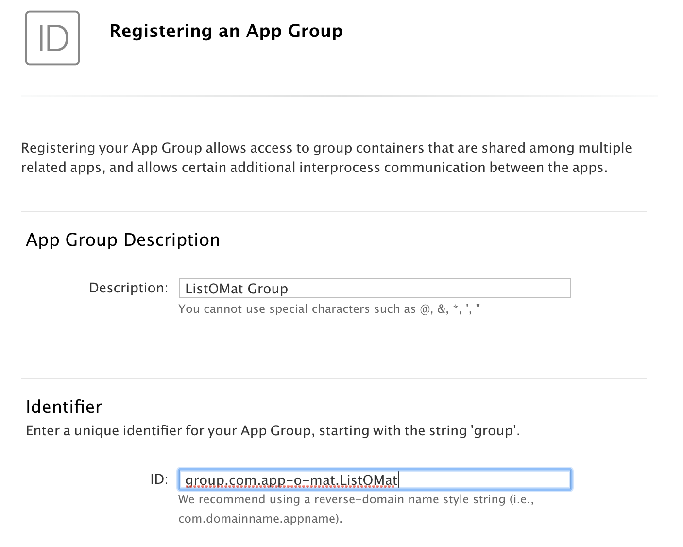 A screenshot of the Apple developer website dialog for registering an app group