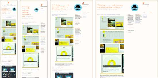 Screenshots of the Hicksdesign website, demonstrating adaptive layouts using media queries