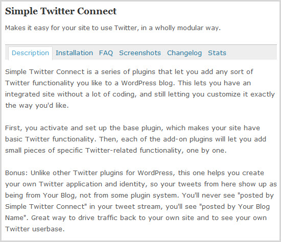 Simple Twitter Connect's listing in the plugin directory