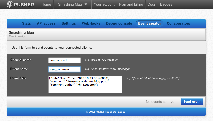 Screenshot of the Event Creator in Pusher Dashboard