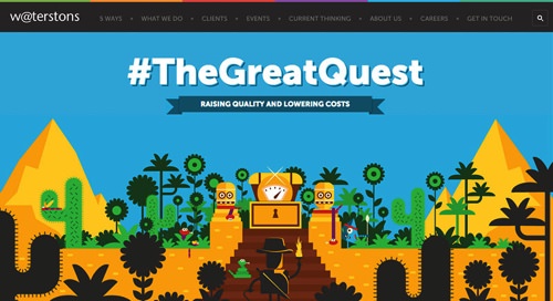 Colourful illustration of an explorer finding a treasure with the text: The Great Quest: Raising quality and lowering costs