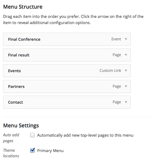 Menus admin page