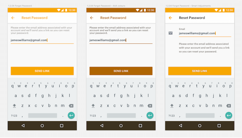 Three panes showing a reset-password screen.