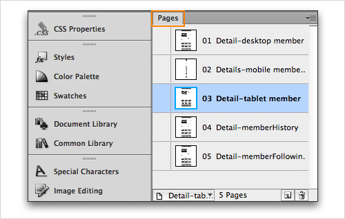 Adobe Fireworks Pages panel
