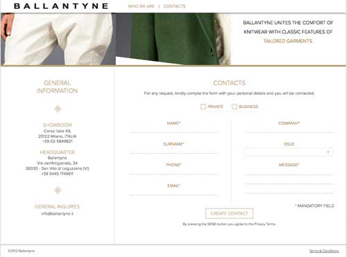 Contact section on Ballantyne website.