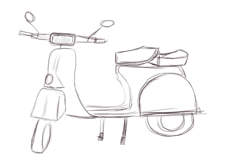 Draw the Vespa in a new file, so you can drag it on the image with the pinup later on.