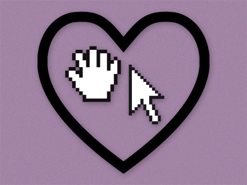 Pixel drawing hand and mouse pointer in a vector style heart