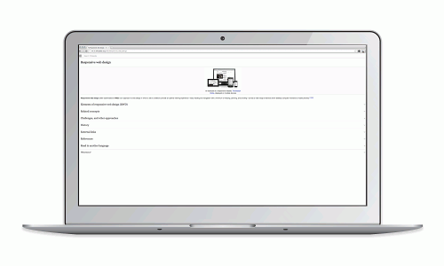 Wikipedia Mobile viewed on a laptop is a single column of copy that spans the entire length of the screen.