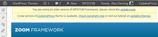 An update nag for one of WPZOOM’s themes.