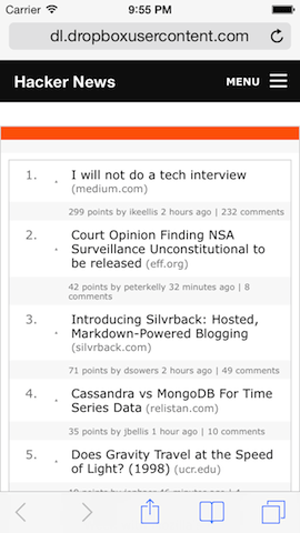 Hacker News' HTML, with Foundation's responsive top bar added by transformations