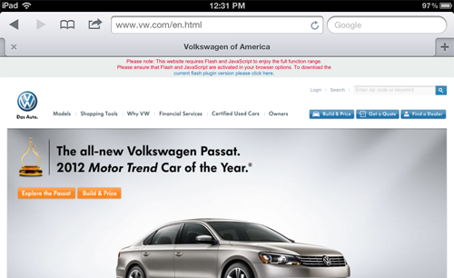 VW asks iPad users to download an unsupported Flash plugin