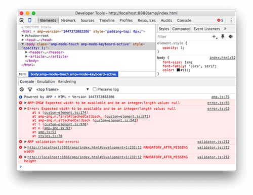 AMP validation errors in the console