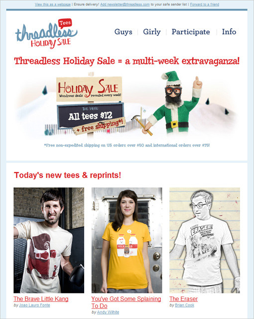Screenshot of Threeadless Holiday sale newsletter