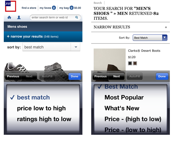J.C. Penney and Eddie Bauer search sorting