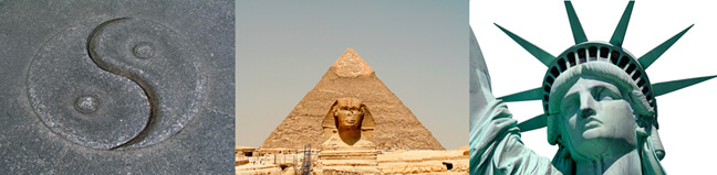 Examples of symbolic integration in human systems and structures, from left to right: the yin yang symbol, the stable base of the pyramid, and Lady Liberty.