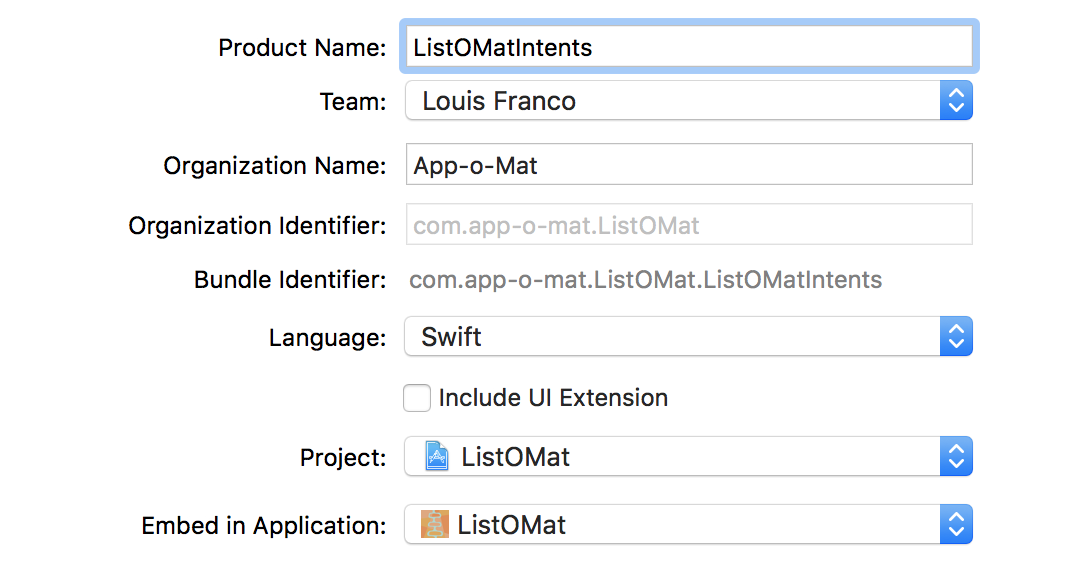 A screeenshot from Xcode showing how you configure the Intents extension