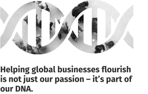 Marketing banner showing DNA structure with the text: Helping global businesses flourish is not just our passion, it’s part of our DNA