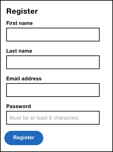 Registration form with four fields: first name, last name, email address, and password.