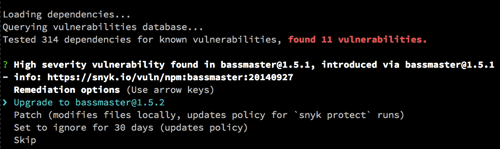 screen showing Snyk Wizard Upgrade Bassmaster Prompt: 314 dependencies tested, 11 vulnerabilities found