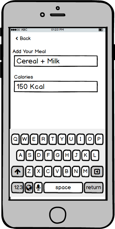 Wireframe for add meal screen