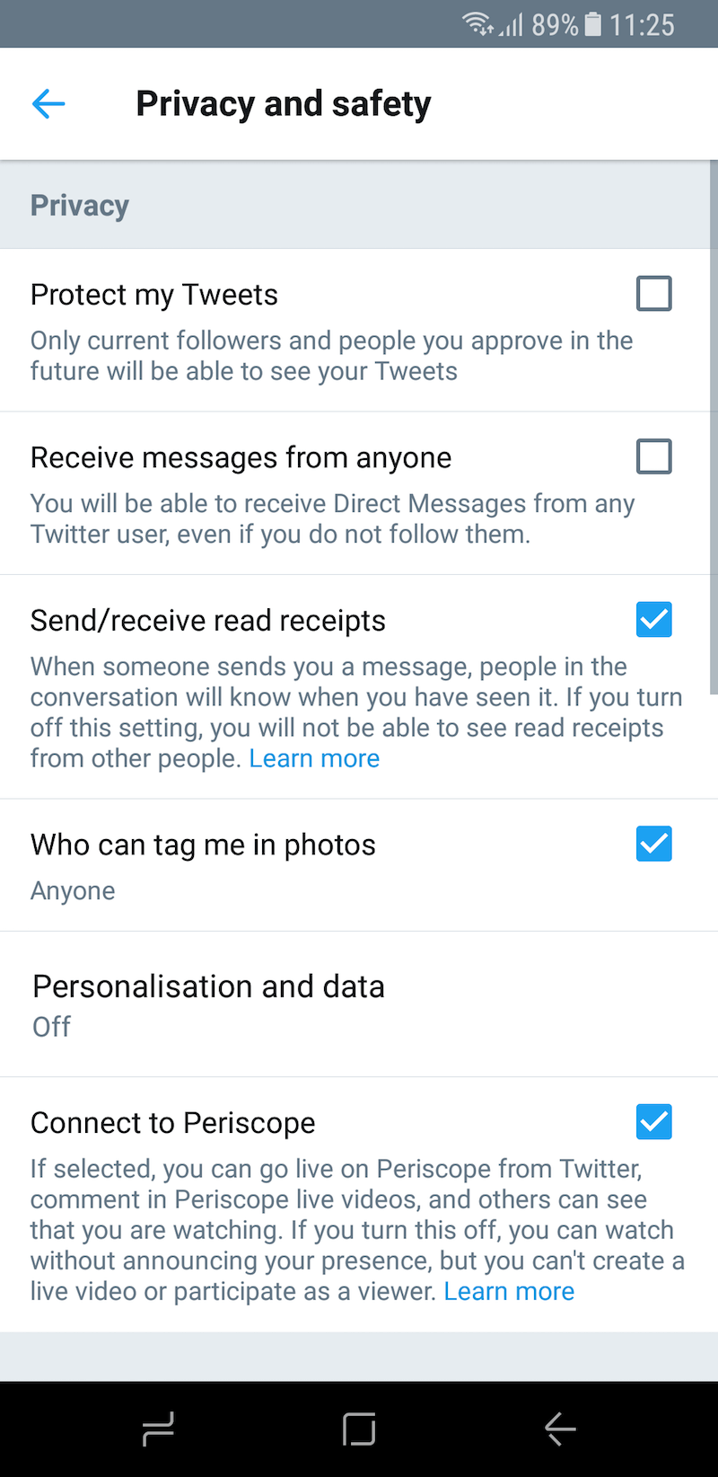 Screen grab of Twitter's privacy options
