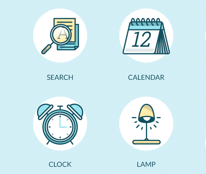 Office Icons showing search, calendar, clock, and lamp