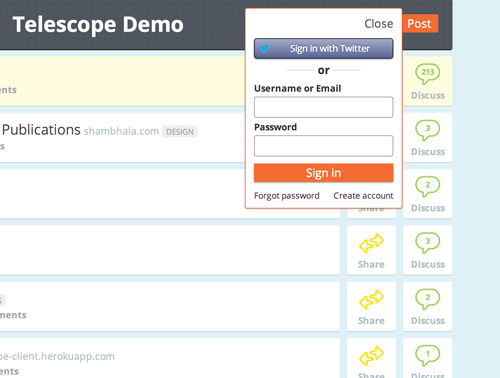 A more complex version of the accounts-ui widget, as seen in Telescope