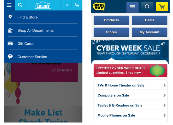 Lowe's and Best Buy website menus