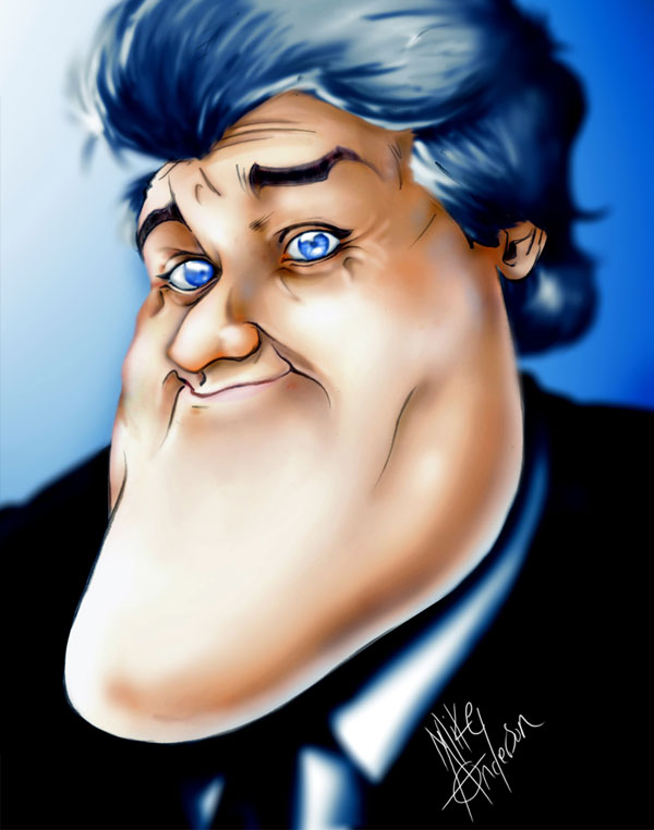 Jay Leno with bright blue eyes and bluish hair, chin extended