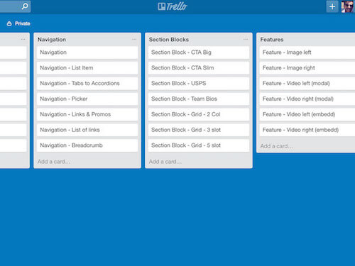 We organized our components into lists based on their role using Trello.