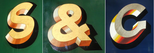 Bold shadowed grotesque letters from Victorian-era trains.