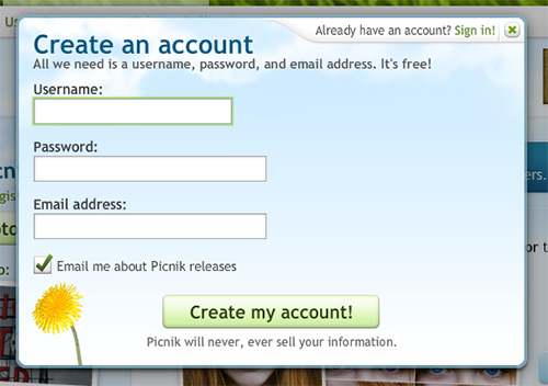 Picnik.com sign-up form