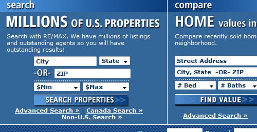 A screenshot  of the remax.com interface with a city, state, and min-max price range search filter