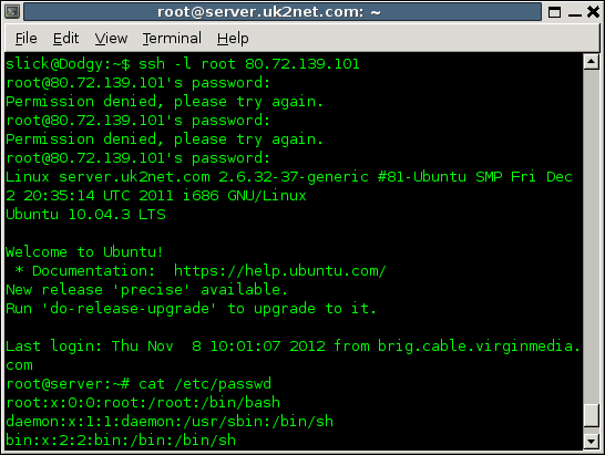 The first part of the SSH conversation above: logging in as root, getting the password wrong twice, asking for a file.