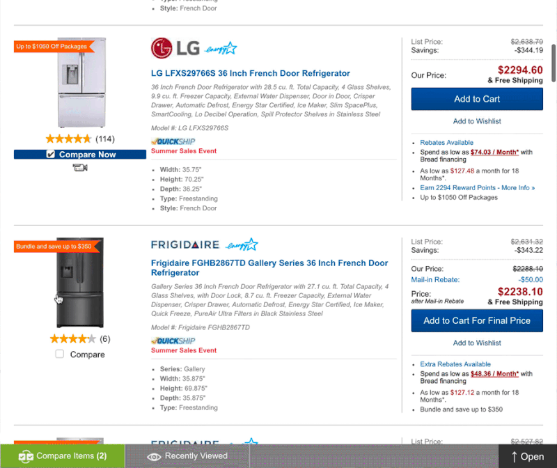 Appliance Connection's feature comparison.