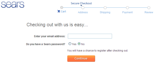 Simple checkout options at Sears.com, new users have the option of registering after checkout