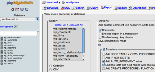 WordPress Database Export