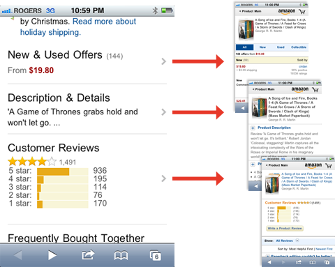 Screenshot of Amazon mobile product pages