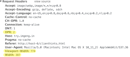 HTTP headers list with highlights to DPR, Viewport-width and Width