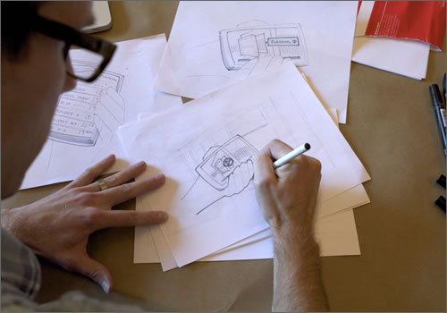 Various sketching of a mobile device in context of their enviroment