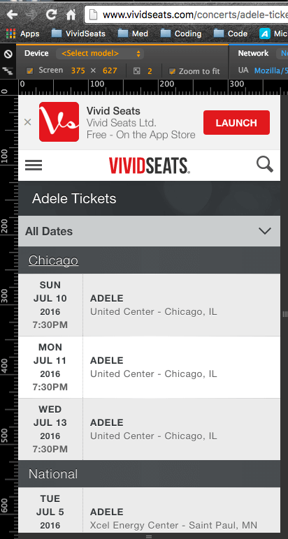 Mobile view of Adele's tickets page.