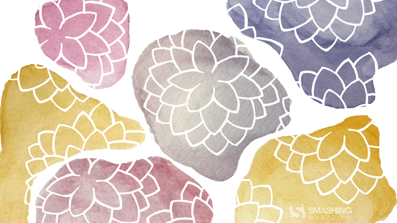 Watercolor illustration of pastel-colored stones with stone dahlias growing on top of them.