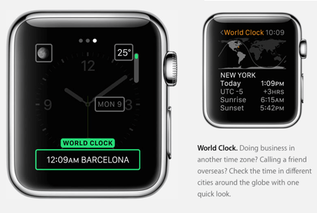 Images from Apple’s website showcasing Apple Watch world clock feature
