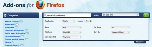 mozilla.org combined faceted and advanced search
