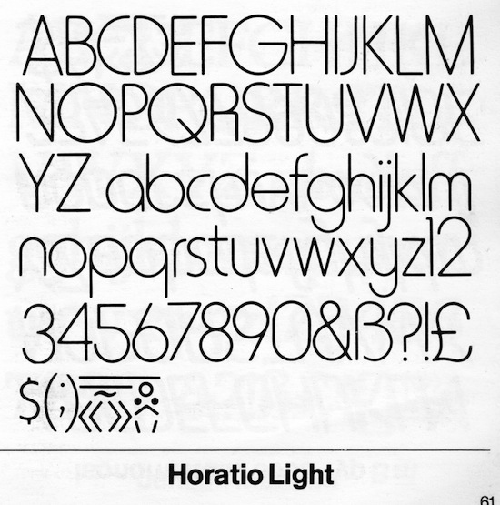 Horatio: Square leg: Horatio with its restyled ‘R’ in the Letraset catalogue, available in three weights.