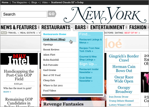 New York Magazine dropdown menus